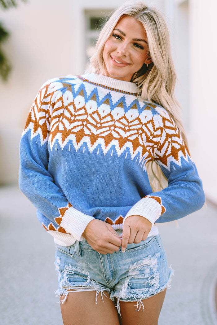 Blue Geometric Print Ribbed Trim Sweater