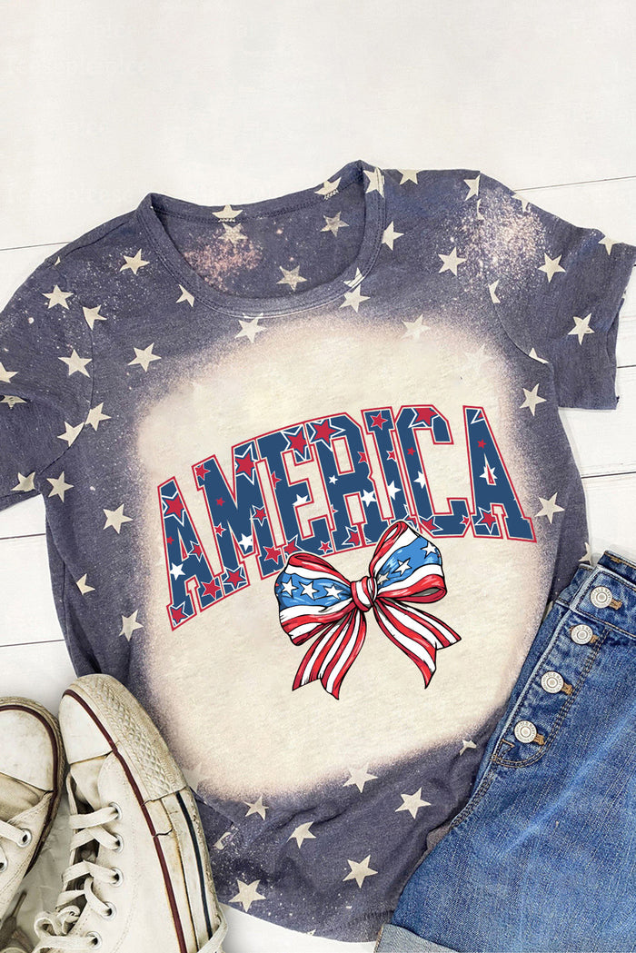 Blue Starry Bleached AMERICA Bowknot Graphic T Shirt