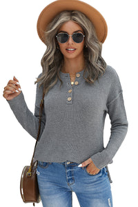 Gray Henley Pullover Drop Shoulder Sweater with Slits