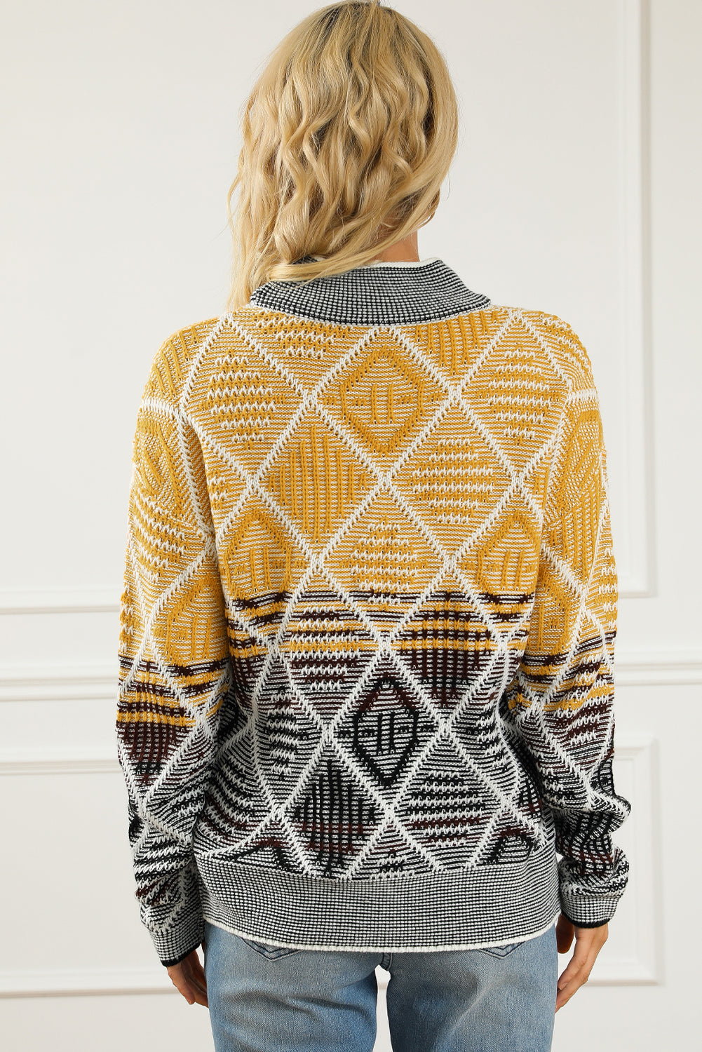 High Neck Geometric Colorblock Sweater