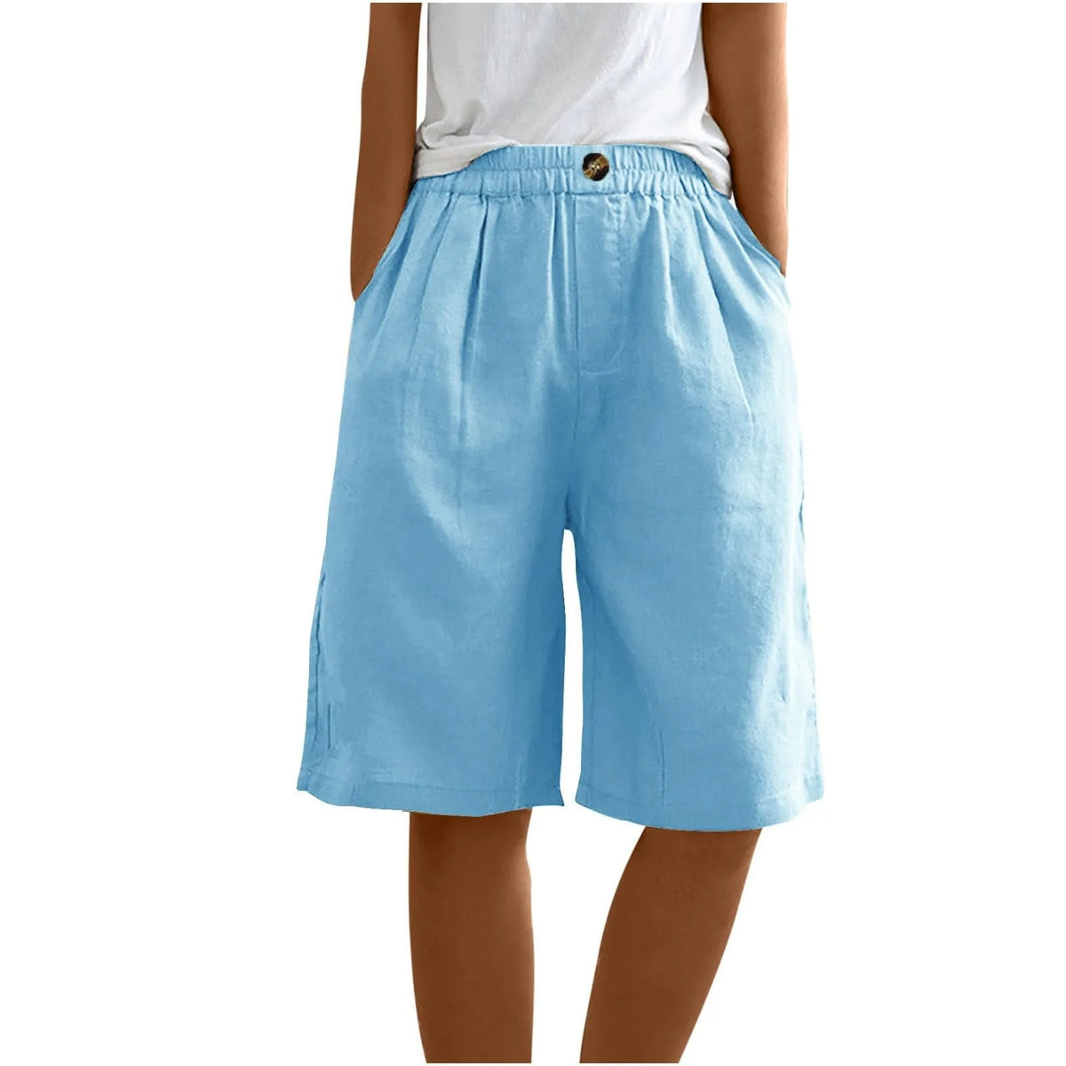 Women's Fashion Solid Color Pants Pocket Button Up Capris Loose Elastic Waist Cotton Linen Shorts