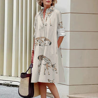 Floral Pattern Shirt Dress Elegant Women's Summer Casual Lapel Long Sleeve Midi Dress High Temperament Fashion Street Shirt