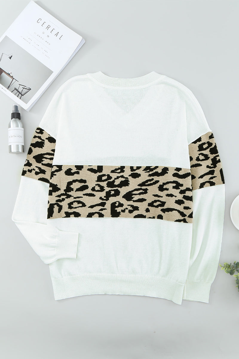 Black Leopard Colorblock V Neck Knit Sweater