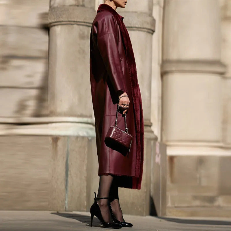 Burgundy Reversible Warm Faux Fur Leather Long Coat Elegant Women Belted Lapel Full Sleeve Overcoat 2024 Lady Thick Streetwear ﻿