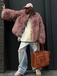 Burgundy Fluffy Faux Fur Warm Short Coat Lady Elegant Round Neck Long Sleeve Cardigan Jacket 2024 Women Winter Street Outerwear