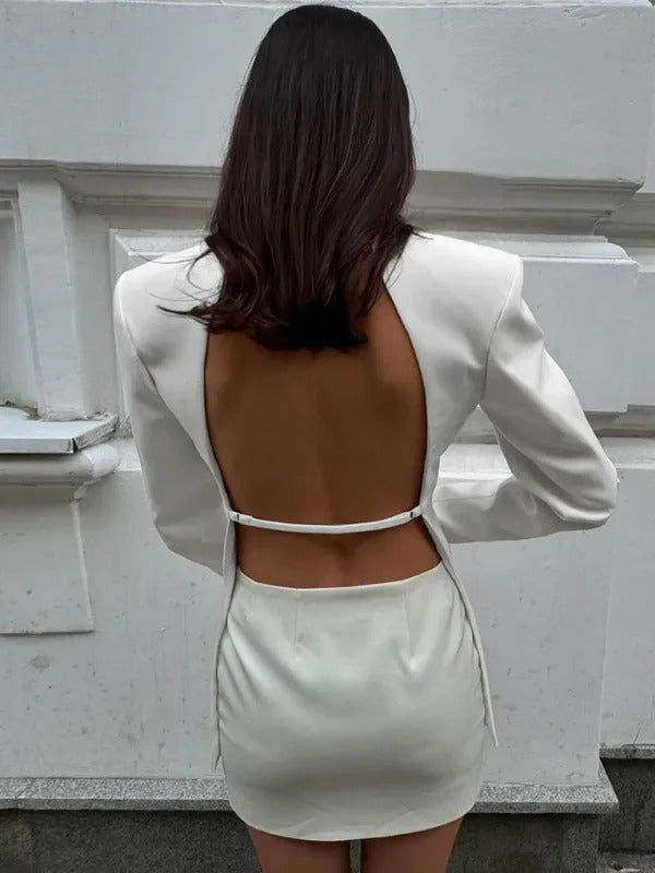 Elegant Women's Backless Black Suit 2024 Fall Chic Long Sleeve Covered Buttons Hollow Out Blazers White Tops Coat Outerwear