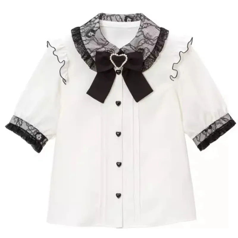 Gothic Lolita Blouses Women Sweet Bow Off Shoulder JK Shirt Japanese Girls Elegant Love Heart Lace Ruffles Blusas Mujer Tops