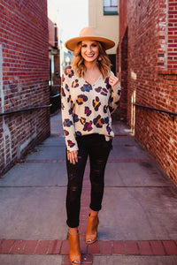 Apricot Colorful Leopard Print V Neck Long Sleeve Top with Slits