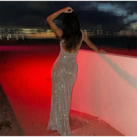 Elegant Backless Sparkling Long Dress For Women Fashion U-neck Sleeveless Bodycon Maxi Dresses Autumn High Street Party Robes