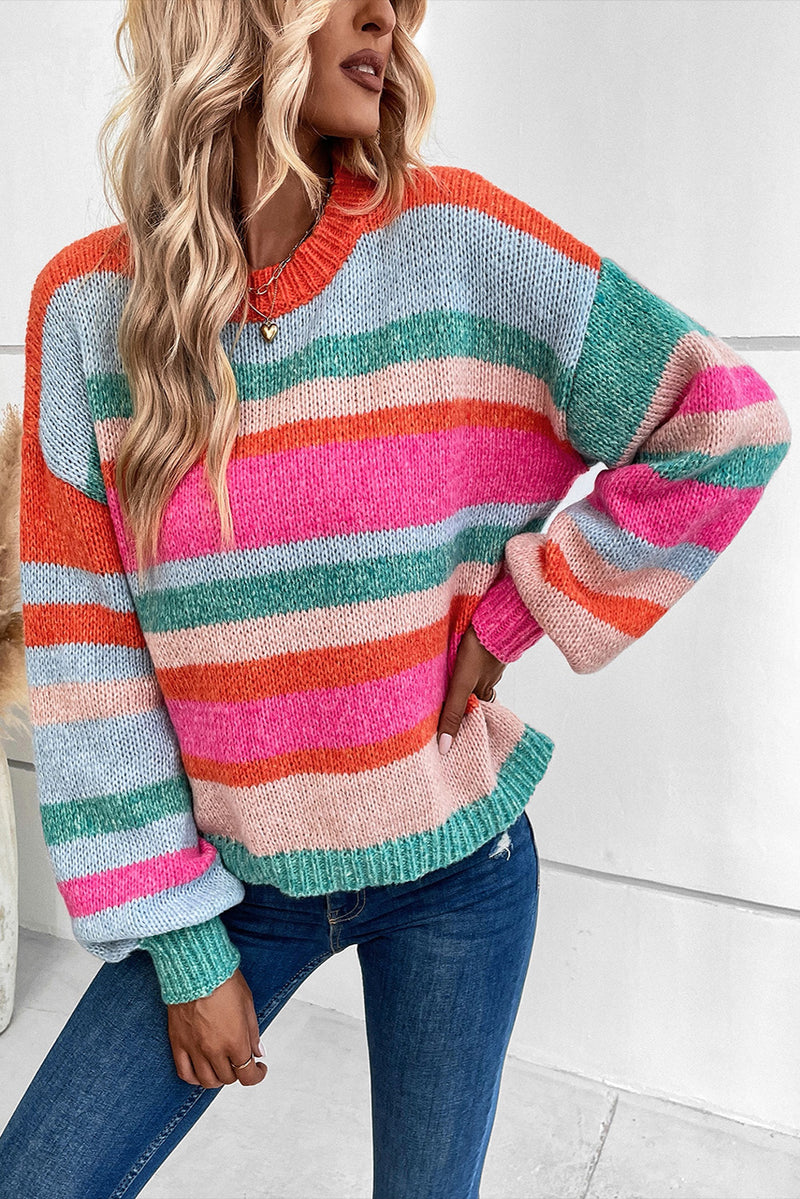 Multicolour Striped Knit Drop Shoulder Puff Sleeve Sweater