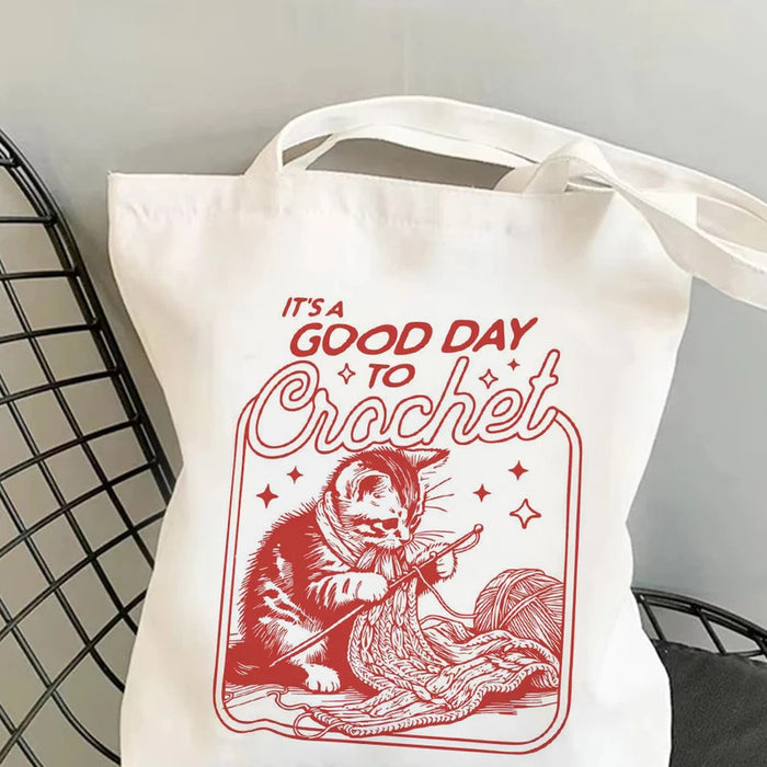 Its A Good Day To Crochet Cat Tote Bag Library Book Bag Booktrovert Tote Bag Book Lover Tote Bag Canvas Handbag Makeup Bag Set