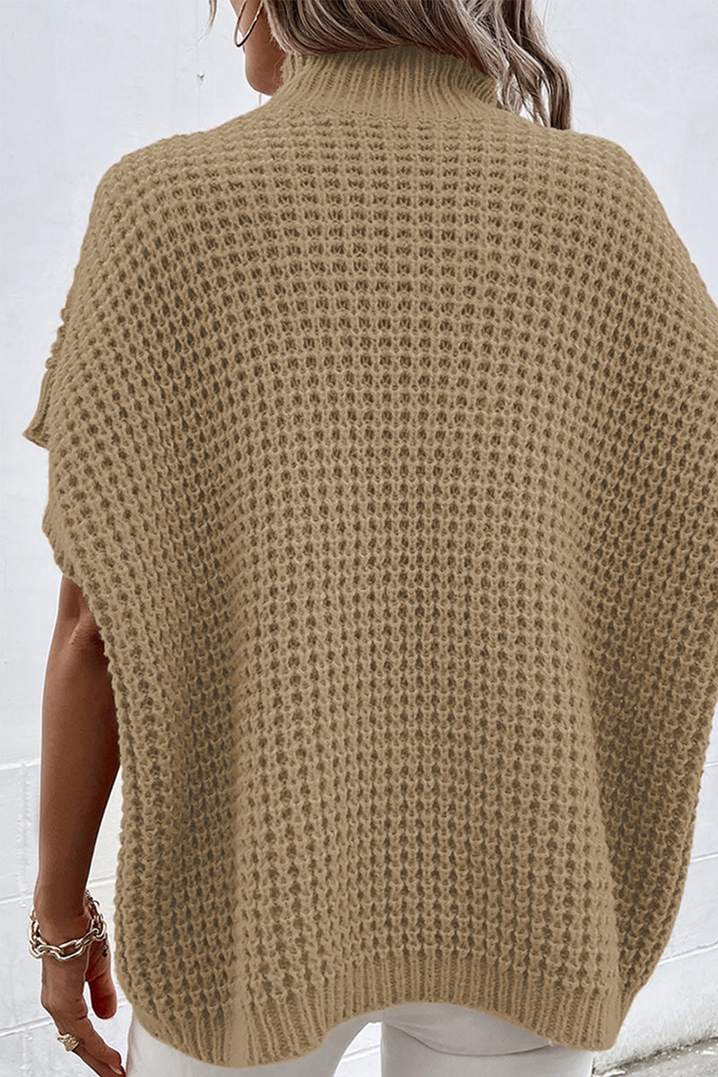 Light French Beige High Neck Short Batwing Sleeve Textured Knit Sweater