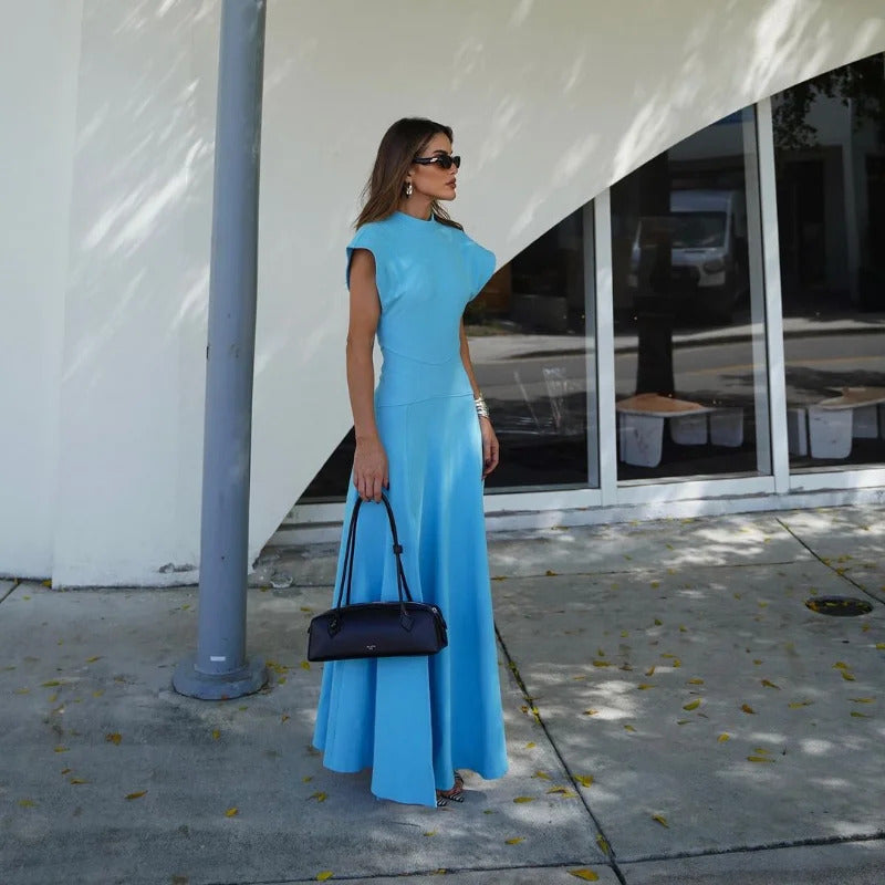 Chic Shoulder Pad Round Neck Solid Maxi Dress Women Elegant Sleeveless A-line Long Dresses 2024 Lady Fashion High Street Robes