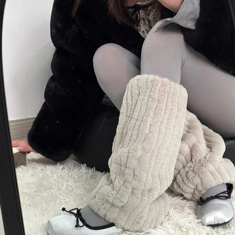 Women Thickened Imitation Mink Fur Plush Leg Warmers Boots Cover Warm Leggings Boots Mid Length Socks Harajuku Party Accessories