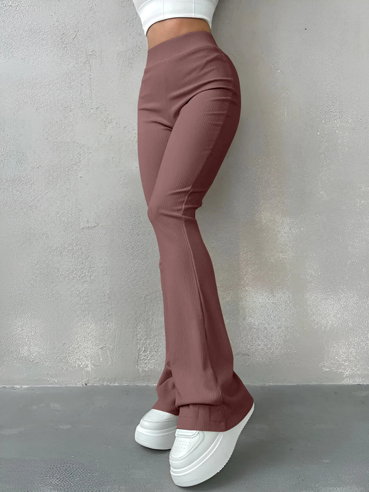 Women's Sexy Slim Pants Ribbed Solid Color Pants High Waisted Flared Pants Showing Longer Legs All-match Sports Long Pants