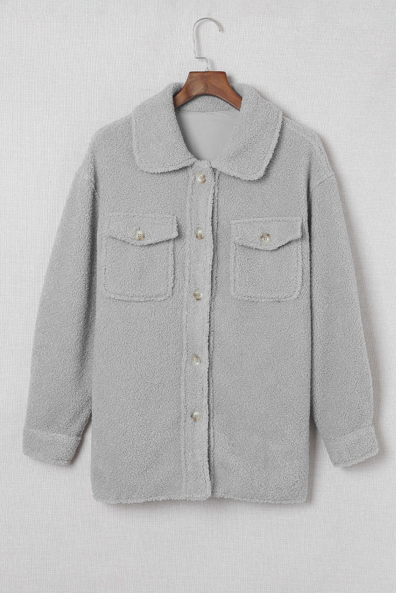 Gray Flap Pockets Button Front Teddy Jacket