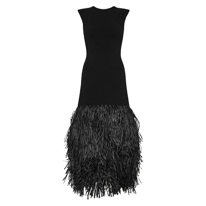 Fashion Knitted Tassels Hem Women Long Dress Elegant O Neck Pad Backless Zipper Sleeveless Slim Maxi Dresses Lady Party Vestidos