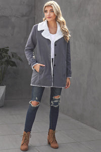 Green Gray Lapel Collar Button Fleece Jacket