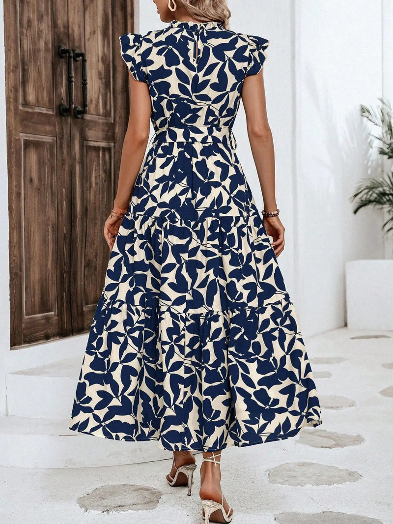 Elegant Women's Flower Midi Dress New Summer Fashion Stand Collar Flying Sleevel Lace Up Dress Casual Beach Holiday Dresses Robe