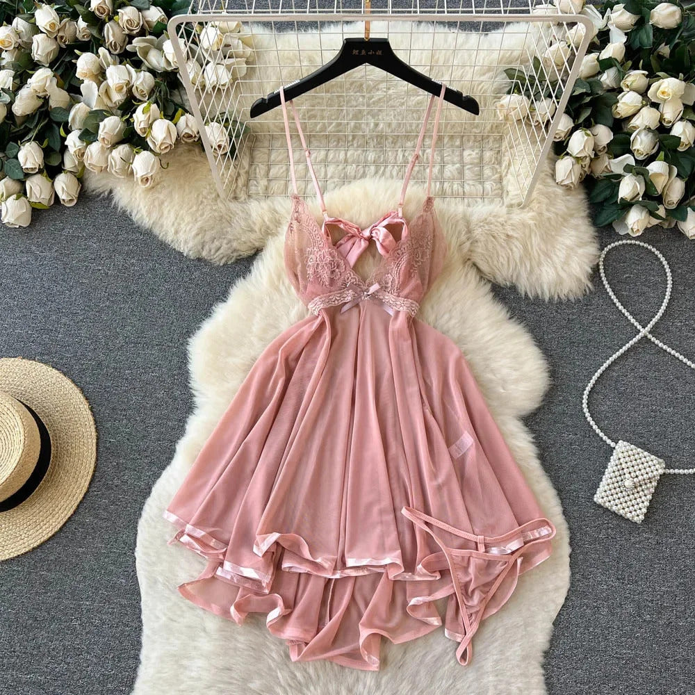 Strap Bow Hot Women Nightwear Mesh Sexy Night Dress Thin Tansparent Lace Pajamas Dress+Thong 2024 Lady Romantic Backless Nightie