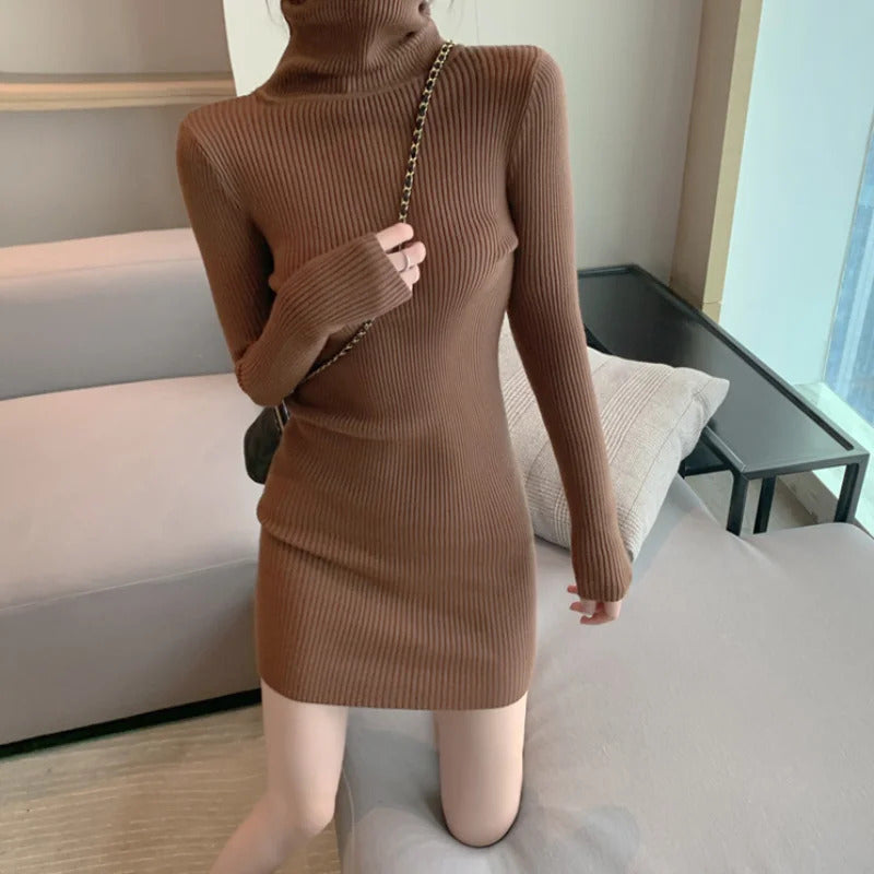 Women Autumn Winter Turtleneck Warm Bodycon Dress Long Sleeve Knit Solid Office Pullover Sexy Mini Dress for Ladies 2023