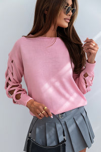 Pink Woven Hollowed Dropped Sleeve Sweater