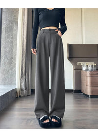 Autumn Winter Woolen Women's Wide Leg Pants 2024 New High Waist Button Korean Solid Vintage Casual Loose Full Trousers Female