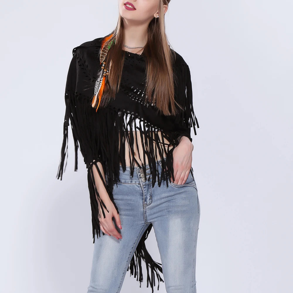 Women's Loose Suede Fringe Open Poncho Cloak Shawl Wrap with Punch Hole Patterns and Graceful Fringes Dropshipping