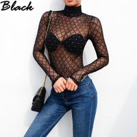 Women Mesh Net Fishnet Bodysuit Slim Long Sleeve Leotard Jumpsuit Tops Beachwear Beading Prespective Mesh Fishnet Cover Up