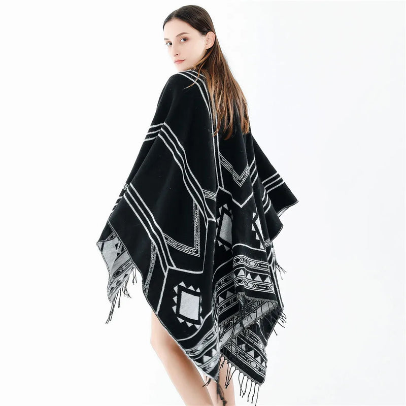 Cloak Poncho Capes 2024 New Indian Nepalese Style Geometric Tassel Split Women Shawl Warm Air Conditioning Room Lady Blue