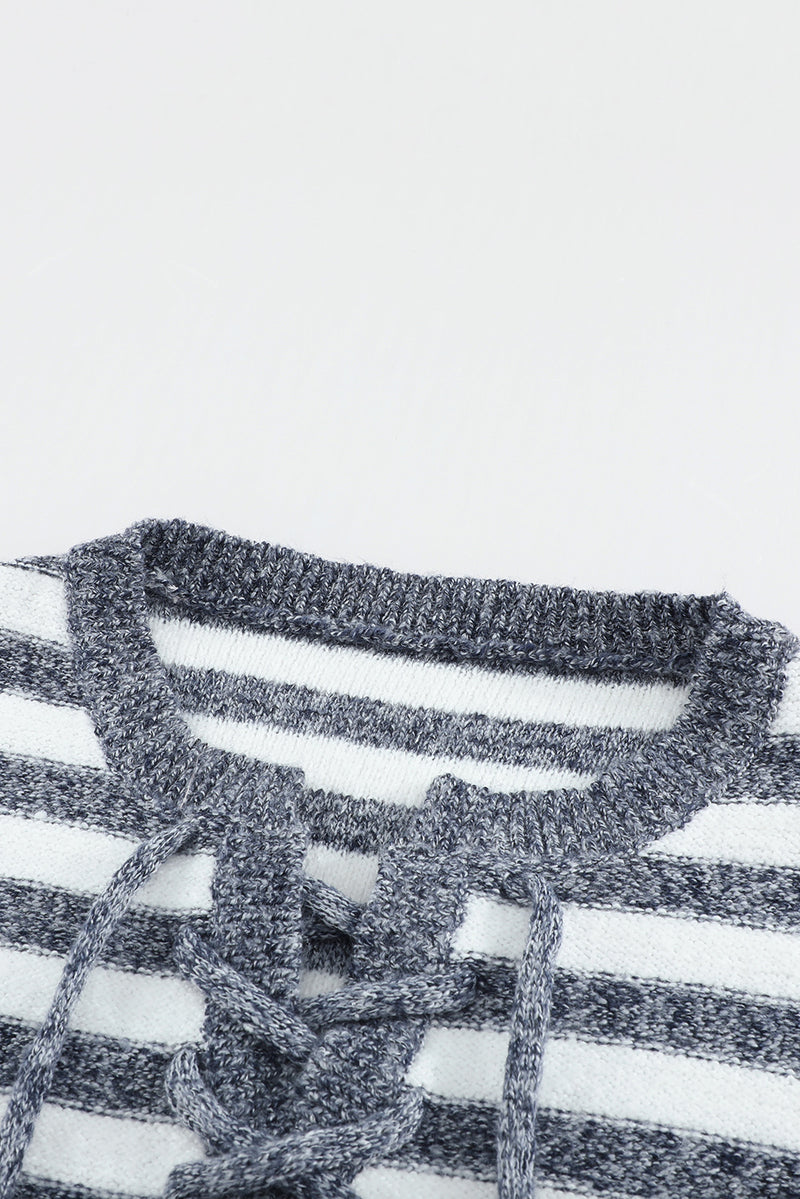 Blue Striped Knit Tie up Sweater