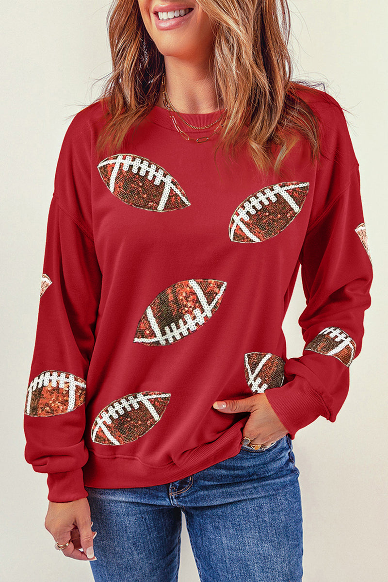 Fiery Red Sequined Rugby Graphic Drop Shoulder Sweatshirt