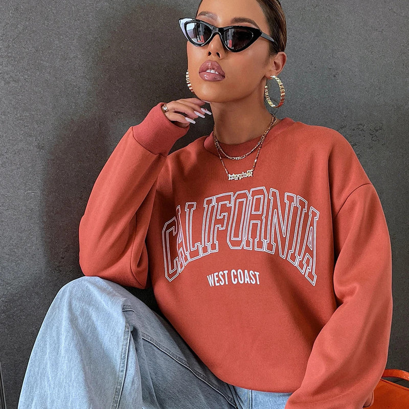 Korean Trend Woman Sweatshirts California West Coast Print Female hoodie Long Sleeves O-neck Pullovers Sporty and Rich Clothing