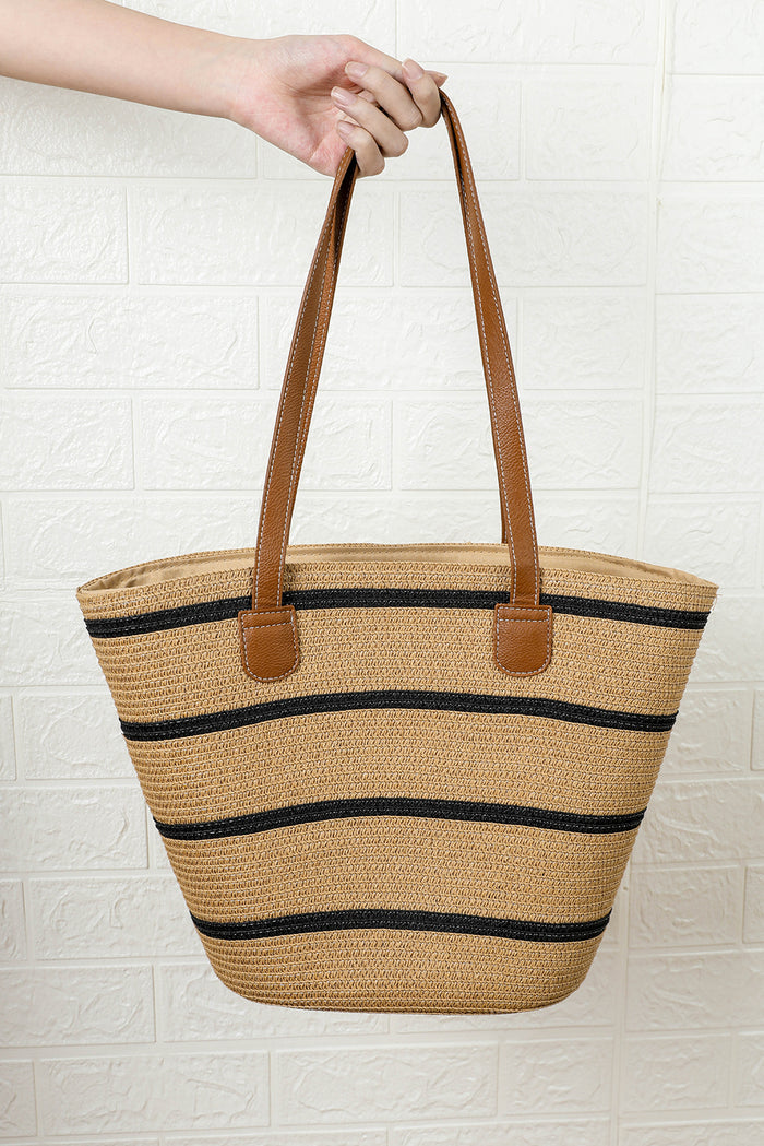 Black Straw Woven Striped Vacation One Shoulder Bag