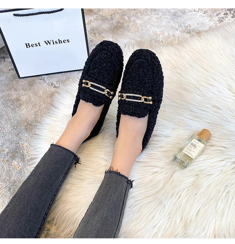 Luxury Sheep Fur Lined Loafers Women Lambswool Shoes Ladies Winter Slip On Furry Flats Cotton Wool Mocasine Femme Barefoot Boots