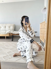 100% Cotton Pajamas for Women Loose Cartoon Long Sleeve Pants Loungewear Women 2 Piece Set Pj Women Outfit Sleepwear Set Pijamas