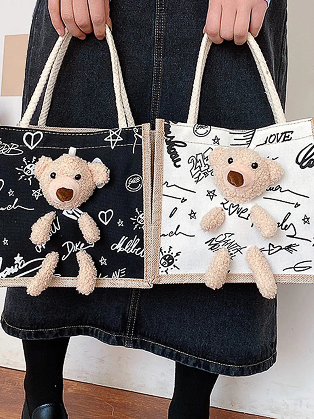 Cute Bear Tote Bag Canvas Girls Bag Student Coin Purse Gift Bag Simple Fashion Canvas Bag Canvas Bag Hand Shopping Tote Bag-ll