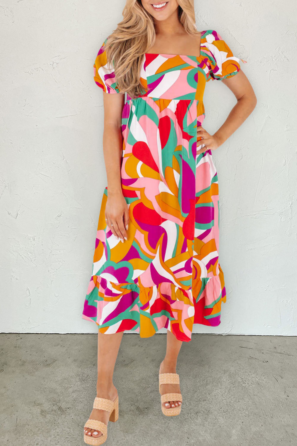 Abstract Print Square Neck Flowy Midi Dress