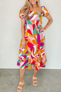 Abstract Print Square Neck Flowy Midi Dress