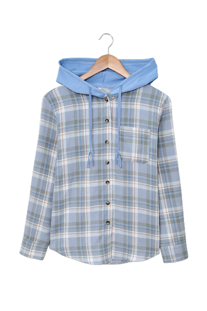 Sky Blue Plaid Print Pocket Drawstring Hooded Jacket