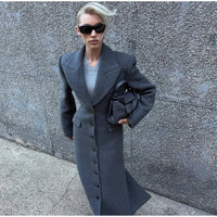 2024 Chic Grey Single Breasted Full Sleeve Wool Jackets Women's Casual Slim Fit Lapel Pockets Coat Female High Street Outerwears