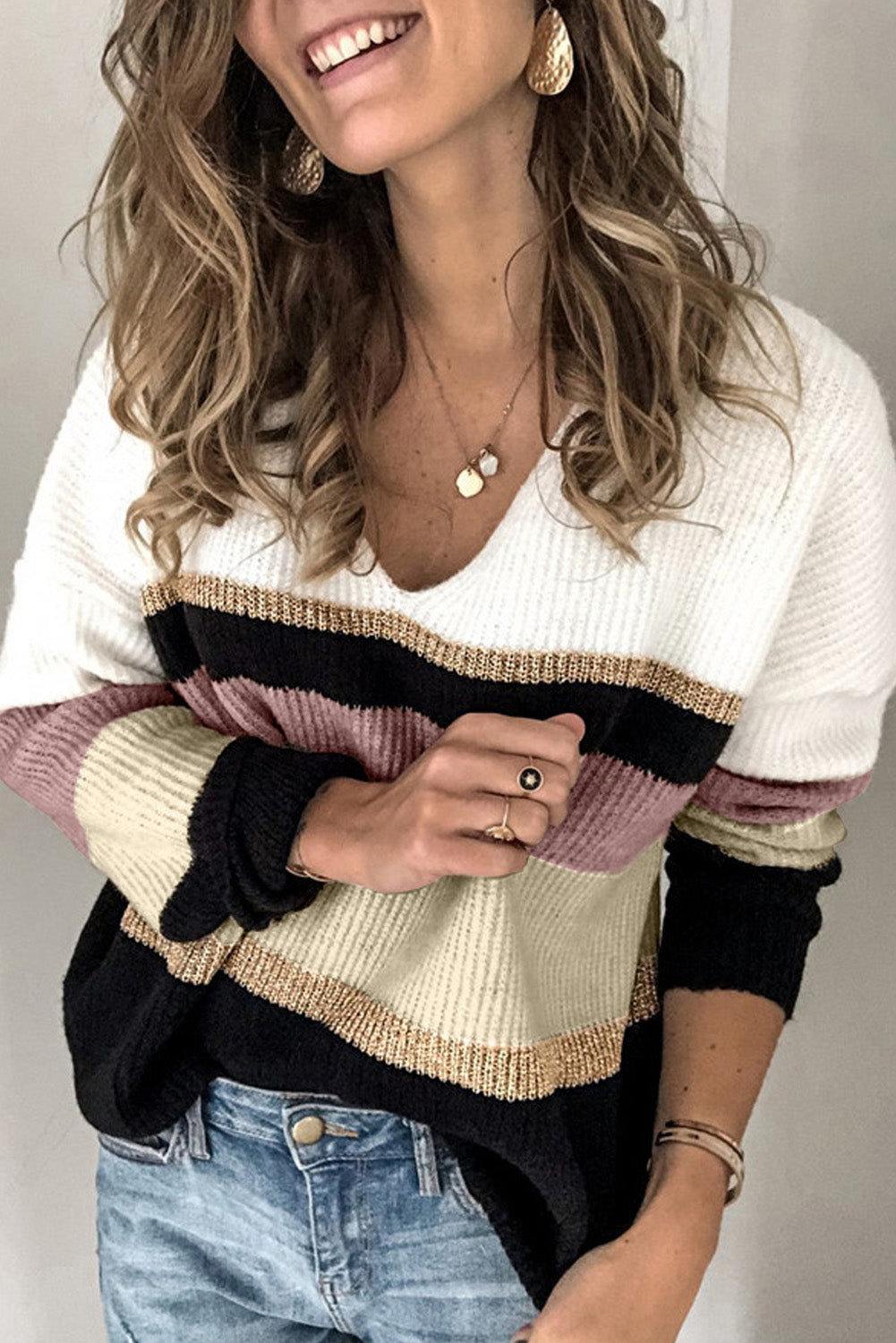 Brown Casual Color-Block Striped Long Sleeve V Neck Sweater