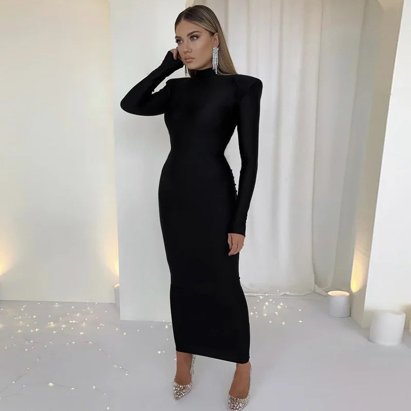 Shoulder Padded Long Sleeve Bodycon Green Party Club Maxi Long Dress  Spring Autumn Women Fashion Elegant Clothes