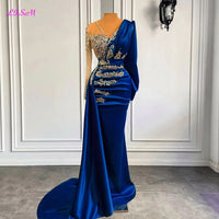 Luxury Long Sleeve Mermaid Evening Dresses Sparkly Crystals Elegant Satin Dubai Women Formal Party Evening Gowns Sheer Neck