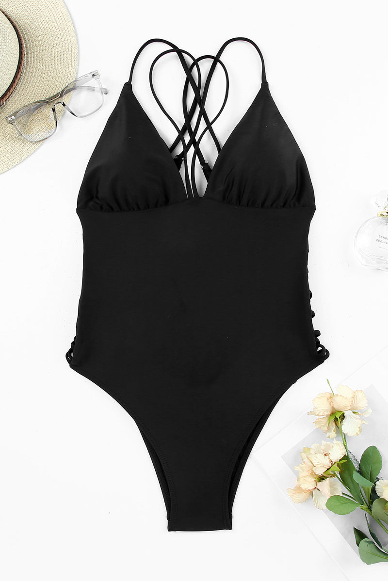 Black Criss Cross Backless Deep V Neck One Piece Swimsuit