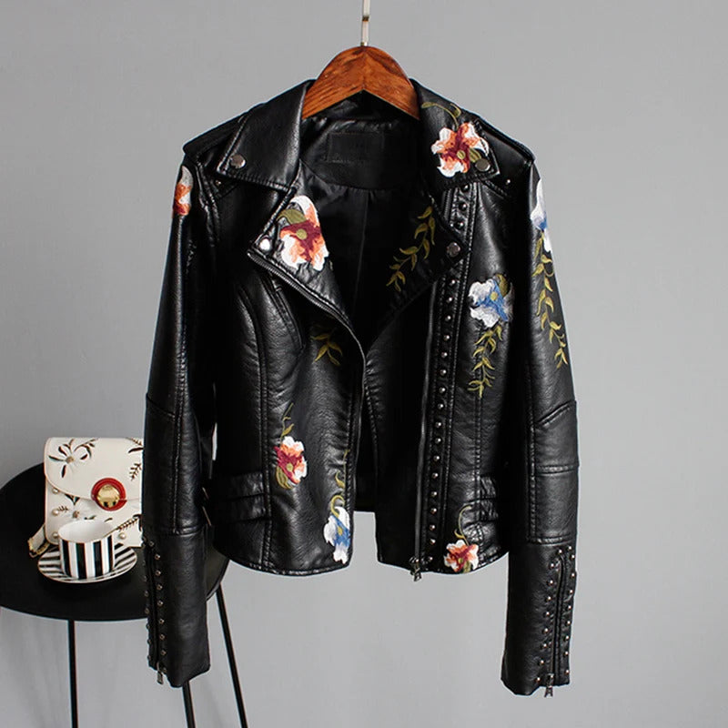 Ly Varey Lin Floral Print Embroidery Faux Soft Leather Jacket Women Pu Motorcycle Coat Female Black Punk Zipper Rivet Outerwear