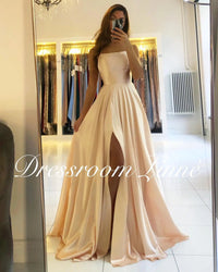 FATAPAESE Prom Dress Spandex satin Slit Side Dress A-LINE Scoop Stretch Slip Satin High Split Long Simple Evening Party