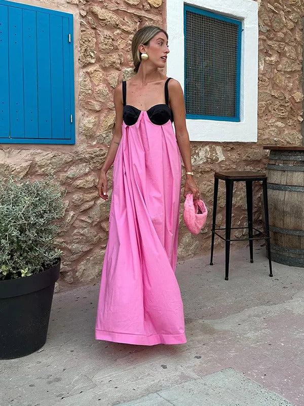 Fashion High Waist Patchwork Loose Sling Robes Women Backless Sleeveless Maxi Dress Fashion Casual Vacation Party Long Dresses