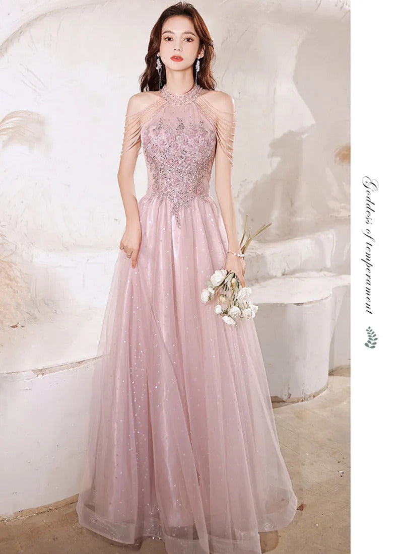 Luxury High Quality Pink Evening Dress 2024  For Prom Summer Autumn Temperament Socialite Senior Party Dress For Women