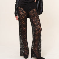 Sexy Women Sheer Lace Pants Transparent Gothic High Waist Wide Leg Flare Pants Ladies Bell-Bottoms Trousers Club Streetwear